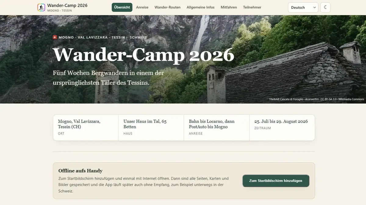 Startseite einer Wander-Camp-Website: Bergfoto als Kopfbild, darunter Ort, Haus, Anreise und Zeitraum als Kacheln.