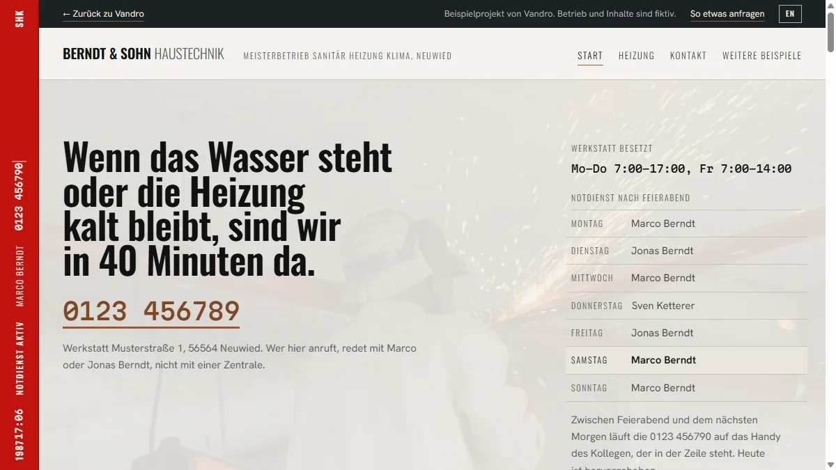 Startseite der Handwerks-Demo: dunkler Aufbau, dicke Notrufnummer im Kopf und der Notdienstplan der Woche neben einem Werkstattfoto.